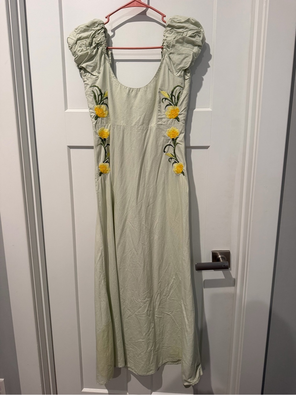 Fanm Mon Pale Green Maxi Dress with Yellow Floral Embroidery